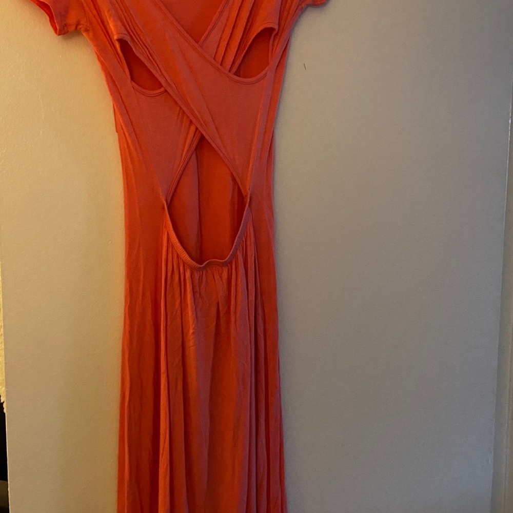Summer maxi dress long in back, shorter in the front. Cute for the beach or date